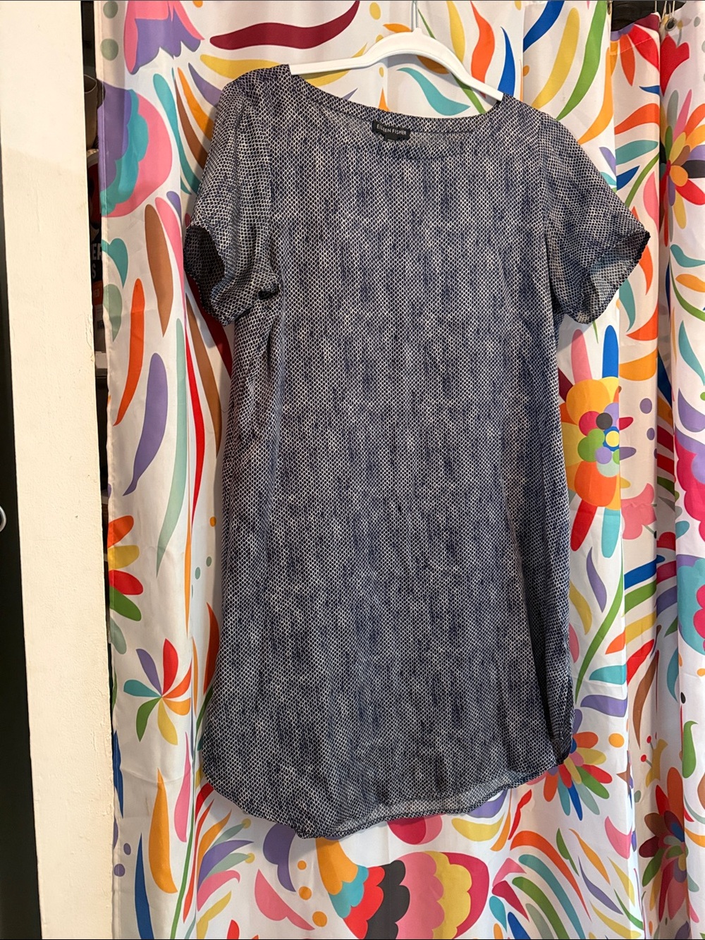 Eileen Fisher Navy and White Short-Sleeve Shift Tunic Silk